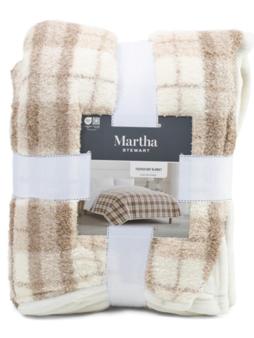Martha Stewart Plush Check Blanket in Cream and Brown-Reversible